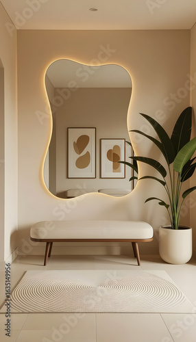 Contemporary minimal hallway interior with organic shaped backlit mirror, indoor plant, bench seating, and abstract wall art