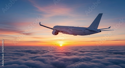 Airplane Flying Above Clouds at Sunset Stunning Aerial View