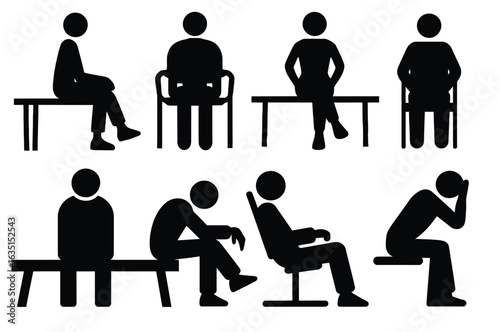 People Sitting Silhouettes Vector Set - Black Human Figures on Bench Icons for Public Space Design
