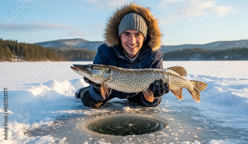 A man proudly showing a salmon fish he caught from a whole in a frozen lake