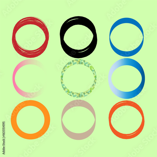 Set of graphic circles. Different styled rings. Light green background. Decorative vector elements.