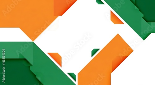 Dynamic Geometric Frame with Layered Orange Green and White Angular Shapes.
