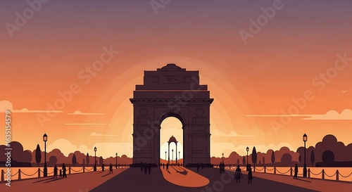India Gates Majestic Silhouette Against a Warm Gradient Sunset Sky.
