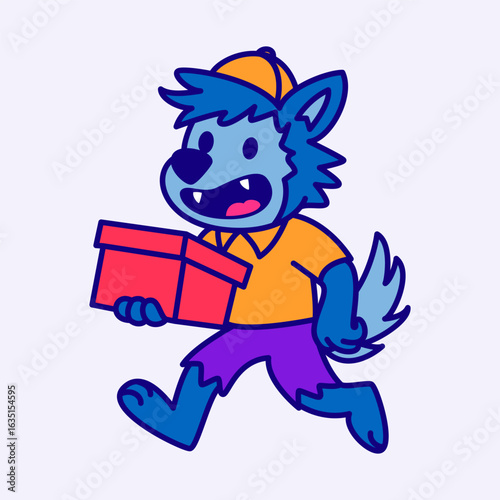 A happy werewolf courier rushes to deliver a gift