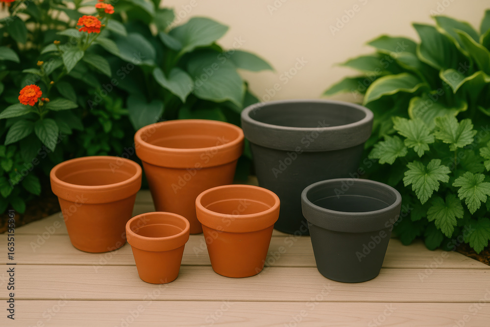 Obraz premium Assorted empty terracotta and black ceramic plant pots arranged on wooden deck with lush green foliage background in garden setting
