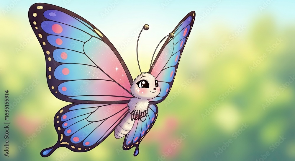 Fototapeta premium Cartoon butterfly with pink and blue wings gold accents and an animal face on a soft green background
