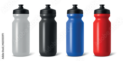 Vector 3d Realistic Blank Sport Water Bottle Set. Plastic Cycling Bottle, Gym, Fitness Bottle for Sports, Outdoor, Travel, Training, Exercise, Workout. Sport Bottle Isolated