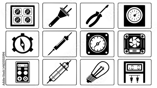 "Twelve black silhouette icons arranged in a grid on white background, each representing an electrical component or tool: wire cutters, plug, outlet, lightbulb, multimeter, fuse, switches, schematic, 