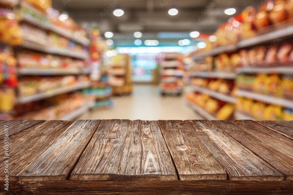 Fototapeta premium Wooden table top in front of a blurry supermarket aisle