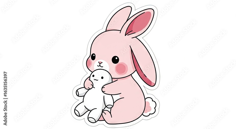 Obraz premium Cartoon pink bunny holding a white stuffed toy