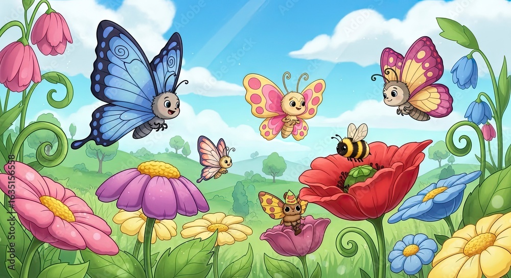 Obraz premium Cartoon scene with colorful flowers cheerful butterflies and a bee on a poppy against a blue sky backdrop