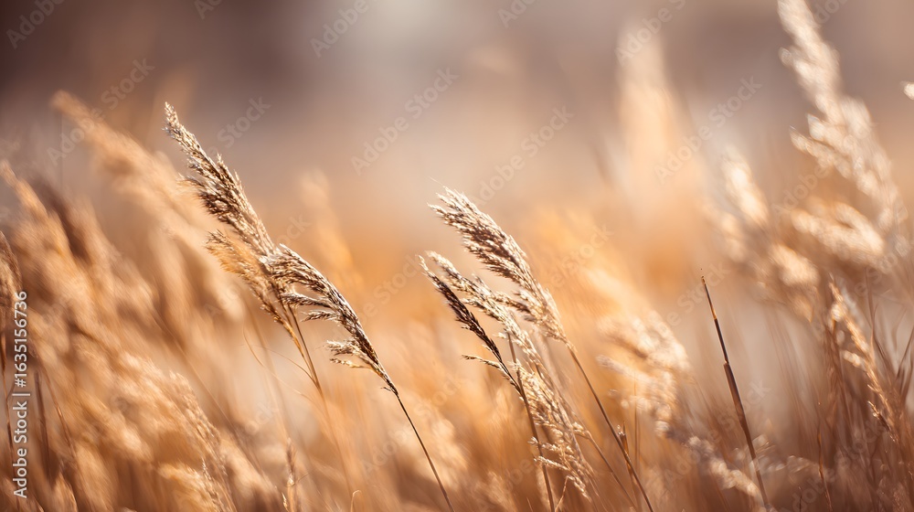 Fototapeta premium Sunlit meadow with tall swaying grass, capturing golden hour's joyful atmosphere.