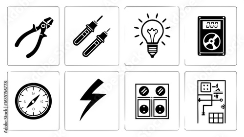 "Grid of twelve solid black icons with electrical theme: wire cutters, plug, socket, bulb, multimeter, fuse, switches, schematic diagram, compass, lightning bolt, and circuit element. No gradients, fr