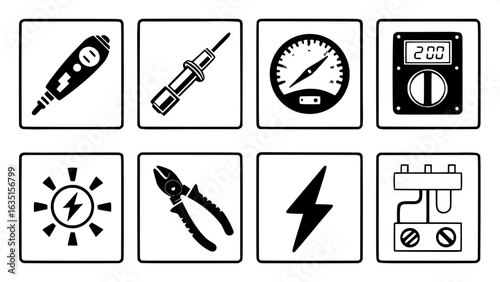 "Grid of twelve solid black icons with electrical theme: wire cutters, plug, socket, bulb, multimeter, fuse, switches, schematic diagram, compass, lightning bolt, and circuit element. No gradients, fr