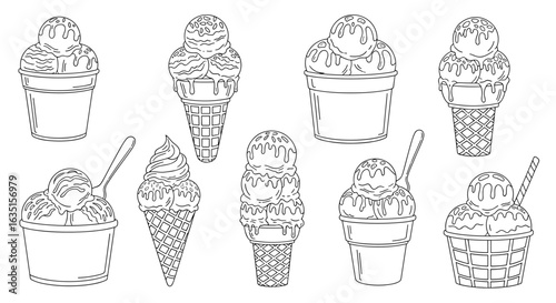 Hand-drawn ice cream sketch icons in cones and cups collection.