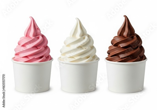 Photo of three colorful soft serve ice cream cups, strawberry, vanilla, and chocolate flavors, isolated on white background