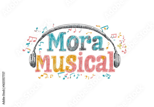 Icono plano que muestra auriculares con texto MUSIC y varios colores