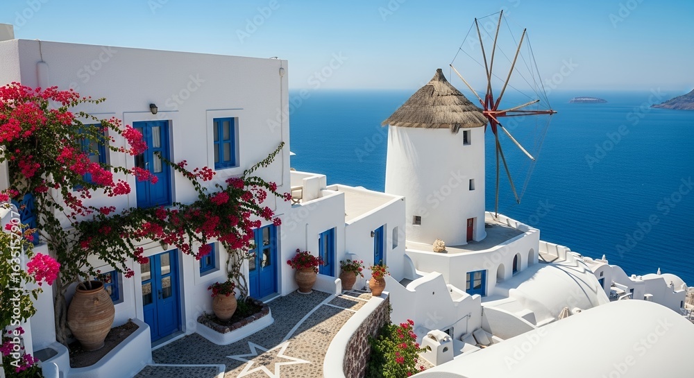 Fototapeta premium Mediterranean Villa with Windmill, Ocean View, Blue Doors, Bougainvillea