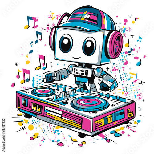 A cartoon character, such as a musician or DJ, is showcased in a music design that boasts a funky and upbeat style, complete with bold and bright colors, Stocke