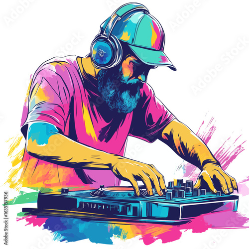 An upbeat music design illustration that incorporates a cartoon DJ or musician, set against a backdrop of bold and bright hues in a funky style