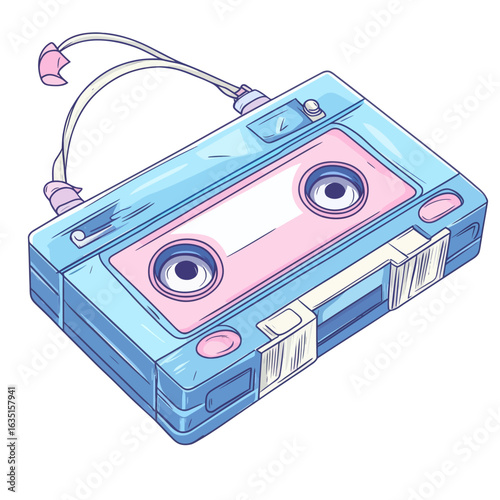 The image features a retro portable stereo boombox from the 80s and 90s, illustrated in a modern flat style reminiscent of y2k tape recorders, and can be used as a sticker, patch, icon, or element