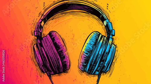 The image depicts headphones with a cable set against a vibrant colored background