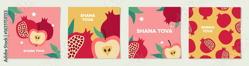 Jewish New Year card design set. Rosh Hashanah symbol pomegranate and apple. Happy New Year. Vector illustration	