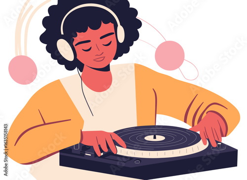 A DJ is shown mixing music at a console in a minimalist modern illustration