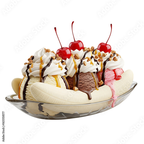 A banana split with three scoops of ice cream whipped cream cherries and various toppings in a dish on transparent background