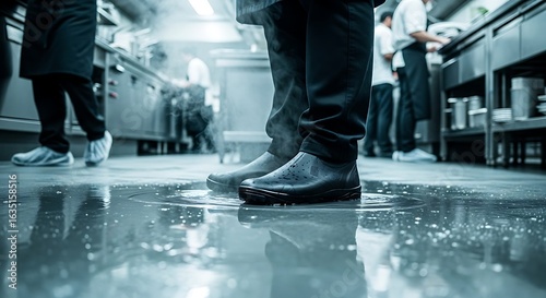 Chefs working in a wet commercial kitchen environment