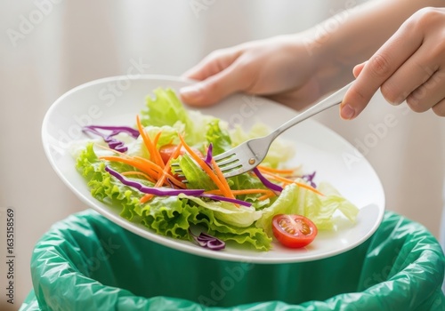 Photo of a person is about to throw away a plate of fresh salad with a fork into a green trash can, highlighting food waste