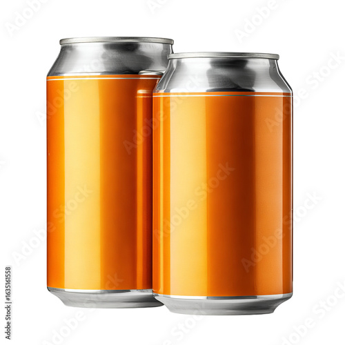 Two Orange Drink Cans: A refreshing pair of orange drink cans, presented with a focus on product branding, ideal for beverage-related marketing or illustrative purposes. 
