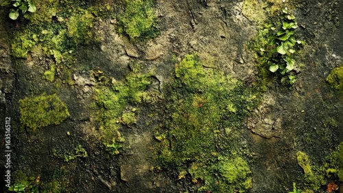 Close-up of a textured stone surface covered in vibrant green moss and small plants, nature's resilience