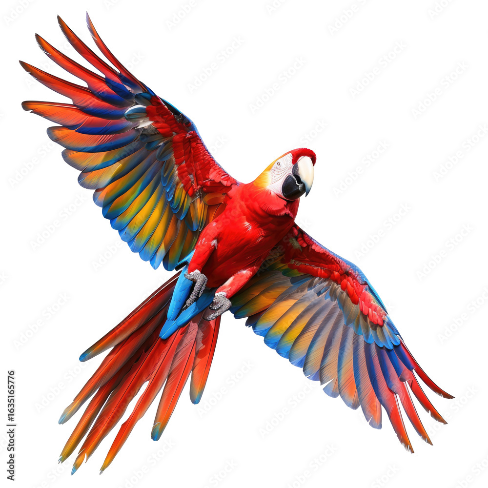 Fototapeta premium Vibrant red and multicolored parrot in flight against black background. Large wings outstretched, showcasing vivid hues of orange, yellow, blue, and red. Sharp focus on the bird's form