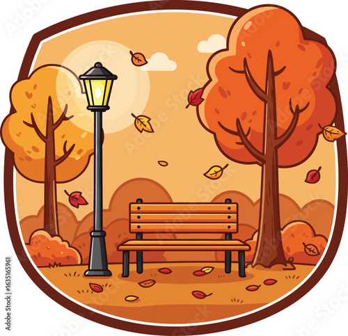 Cozy autumn park scene with falling leaves, a warm lamp post, and an inviting empty bench under golden sunlight