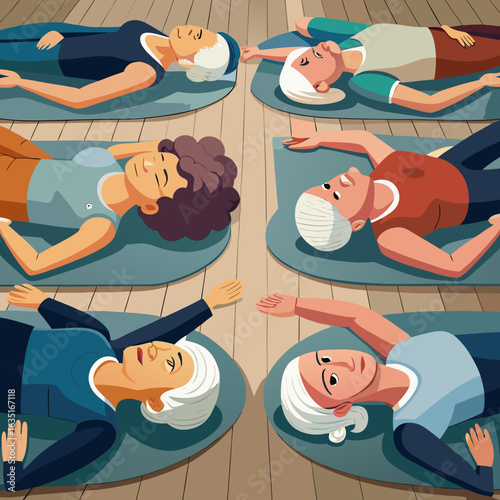 Diverse group of seniors practicing yoga and meditation on mats in a serene studio setting
