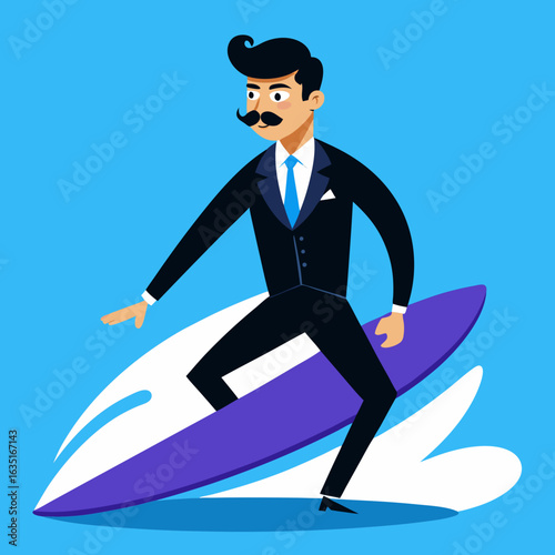 Dapper businessman with a handlebar mustache surfing on a purple board with blue sky background