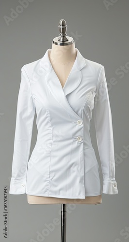 White blouse, draped design, studio shot, mannequin display, online fashion catalog
