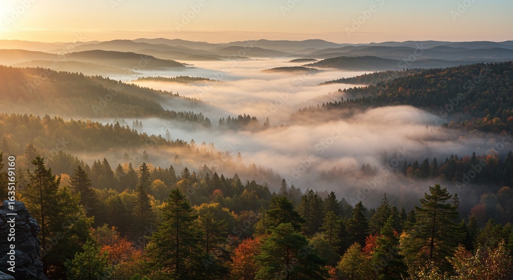 Fototapeta premium Breathtaking morning view of a mountain landscape with a sea of fog in the valley. Golden sunrise light illuminates the vast, dense autumn forest.