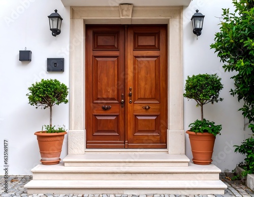 Elegant wooden front door with stone steps and landscaping