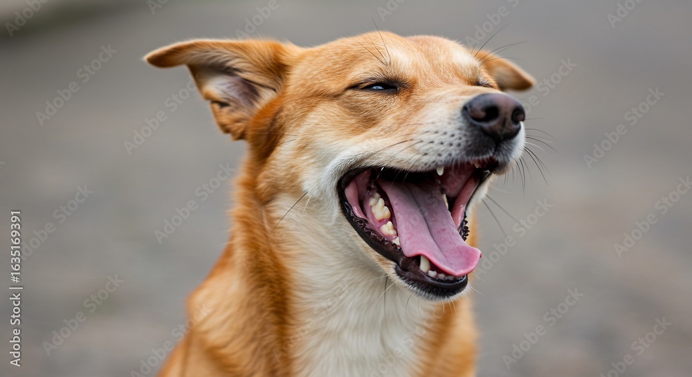 Fototapeta premium Happy dog yawns widely under soft natural light. AI Generated