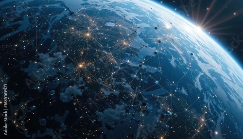 Global network of interconnected cities at night, viewed from space, illuminated by city lights and a rising sun.