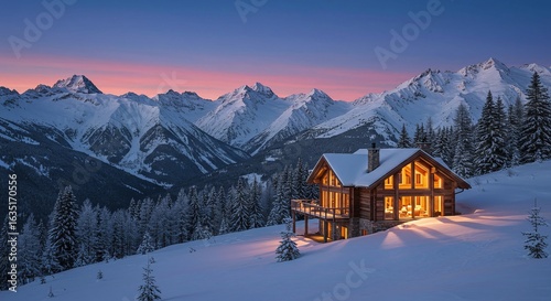 Fototapeta Naklejka Na Ścianę i Meble -  A luxurious wooden chalet glows warmly amidst a pristine snowy landscape at twilight, with majestic alpine peaks under a colorful winter sunset sky.