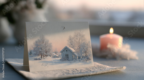 handcrafted christmas card elegantly placed on linen napkin adorned with serene winter landscape