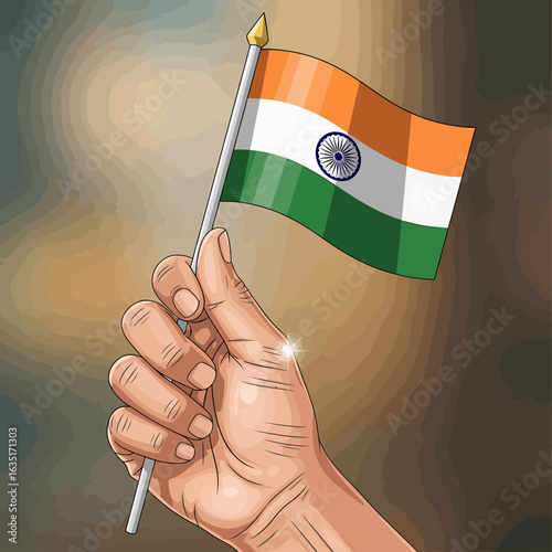 Stylized illustration of a hand holding a small waving Indian tricolor flag with a golden finial. Vector Illustrations. EPS Editable