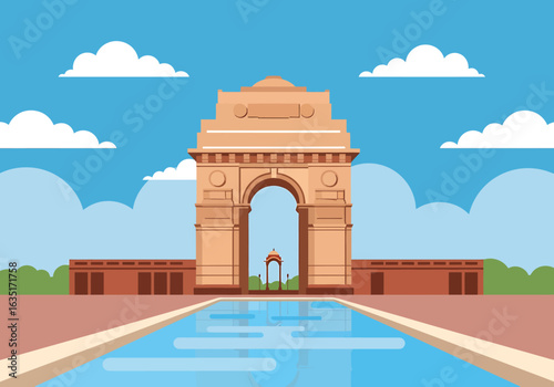 India Gate monument illustration with its reflecting pool depicted in a flat vector style. Vector Illustrations. EPS Editable