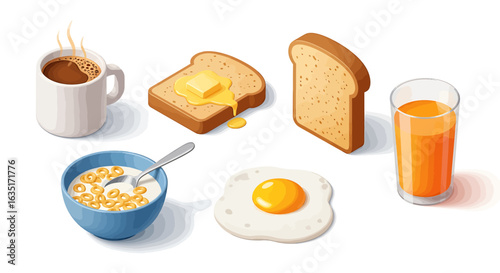 Isometric illustration of a classic breakfast set with coffee toast egg cereal and orange juice. Vector Illustrations. EPS Editable