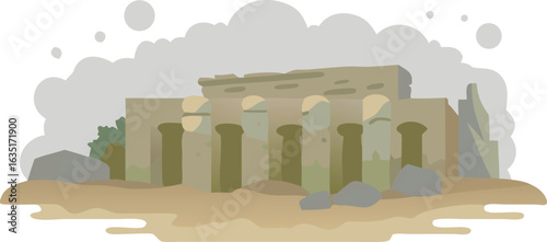 Vector illustration of an ancient Egyptian temple featuring iconic columns and hieroglyphs against a clear sky.