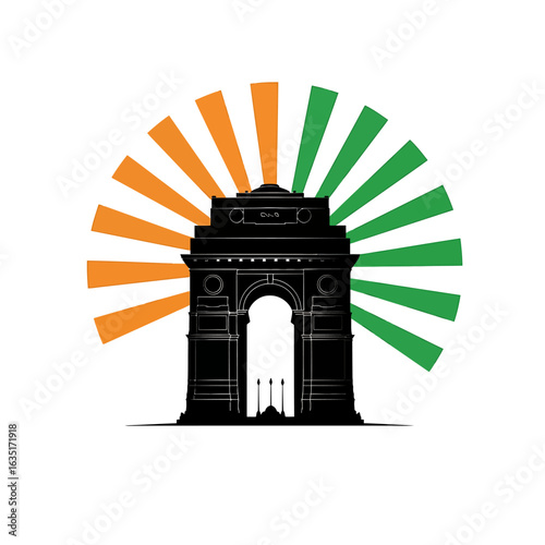 Patriotic graphic of India Gate in black silhouette with radiating saffron and green beams representing the Indian flag. Vector Illustrations. EPS Editable