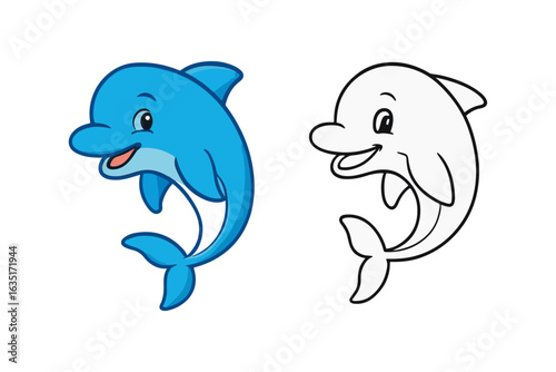 Cartoon dolphin sketch, blue colored and outline version for a children's coloring book.